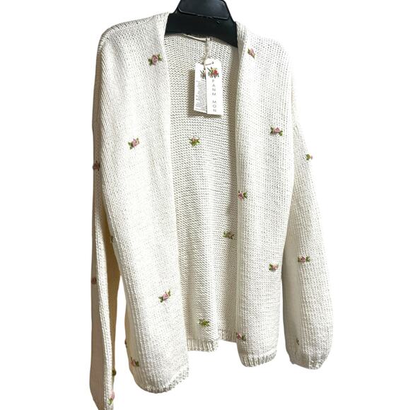 Fanm Mon Hand Knit Pink Rose Cardigan Cotton Sweater | Womens M L NEW - Picture 5 of 13